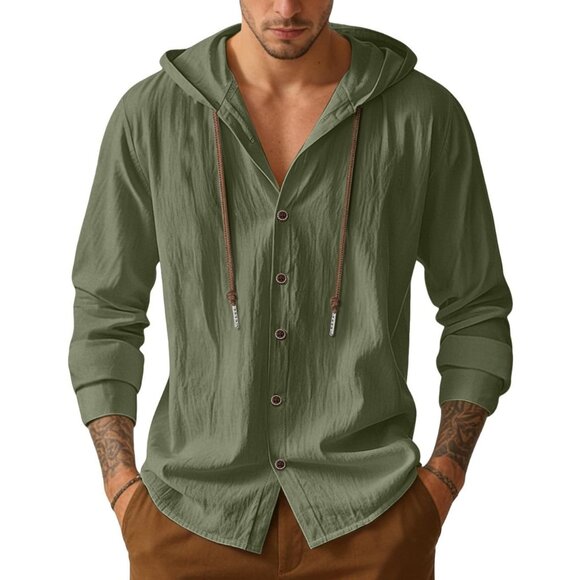 Men's Green Cotton Linen Button Down Hoodies Long Sleeve Casual Hawaiian Beach